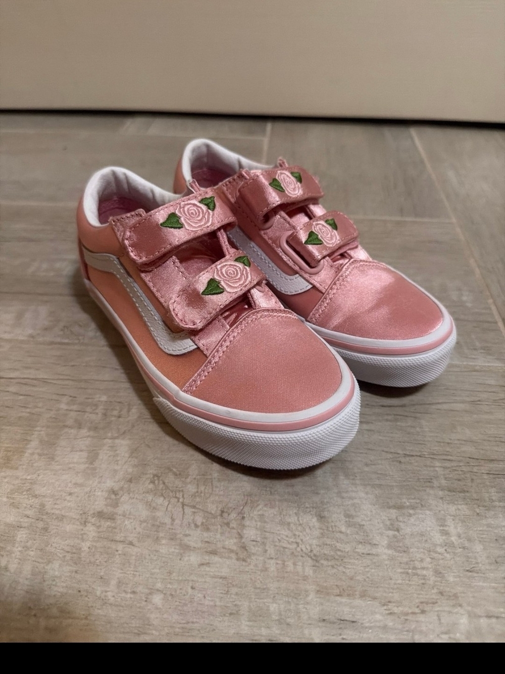 Vans Kids Pink Satin Velcro Sneakers with Rose Appliqué